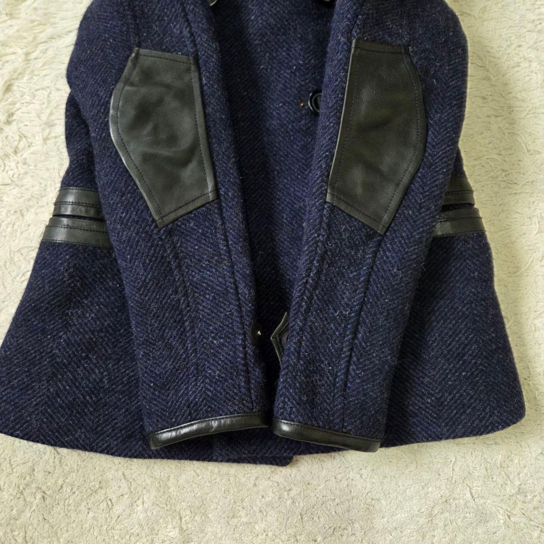 美品 デンハム フォックスブラザーズ ツイード レザー切り替え Pコート S相当