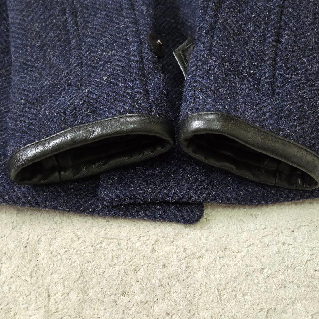 美品 デンハム フォックスブラザーズ ツイード レザー切り替え Pコート S相当