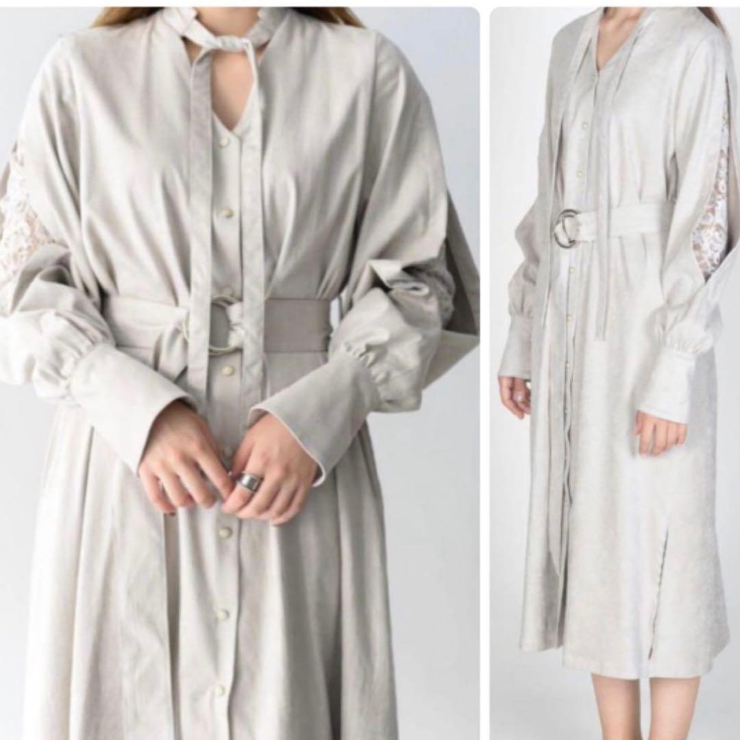 【美品✨】ミューラル 袖レース ベルト付 ボウタイロングワンピース ロングカフス