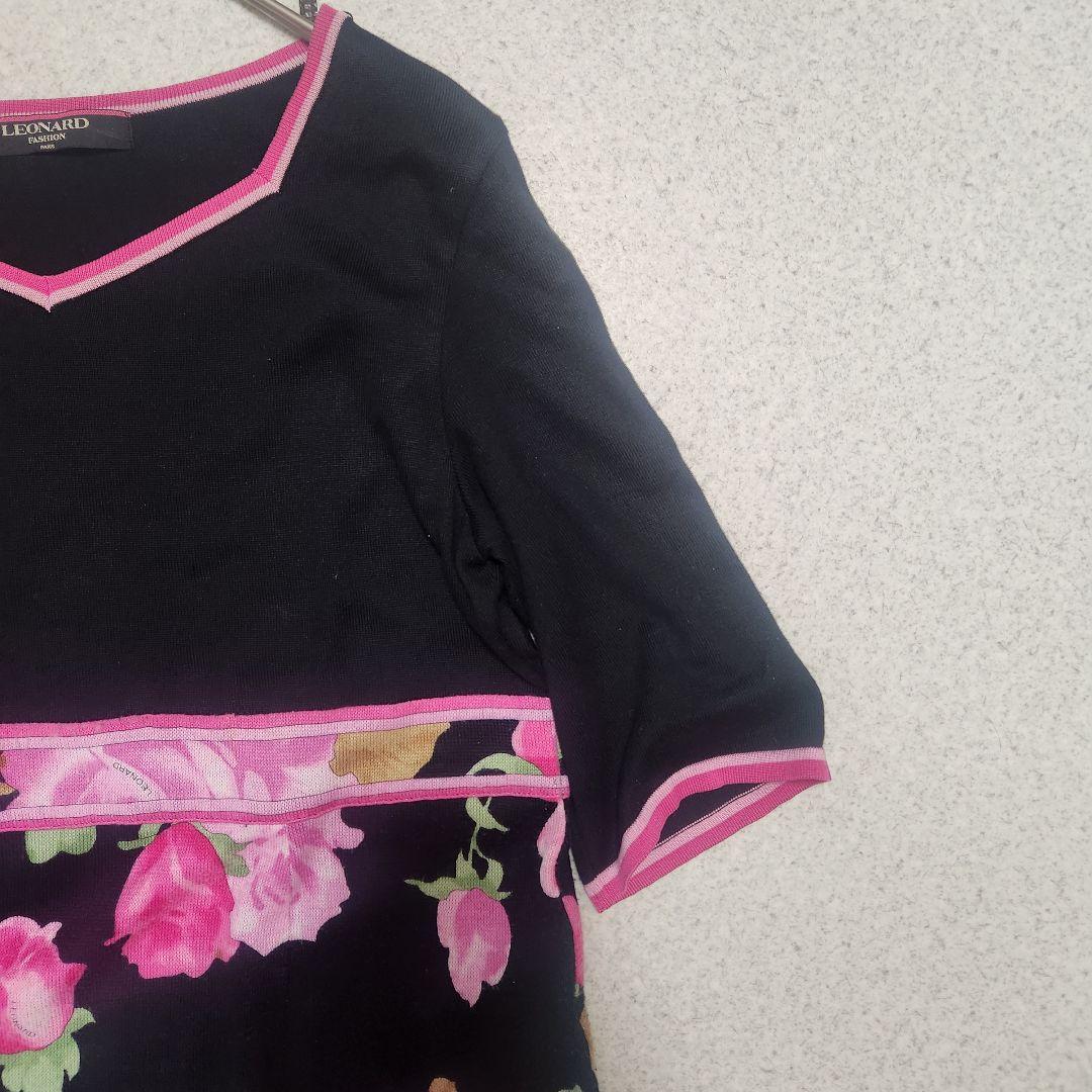 レオナール 半袖ワンピース ニット 花柄 コットン 薔薇 M