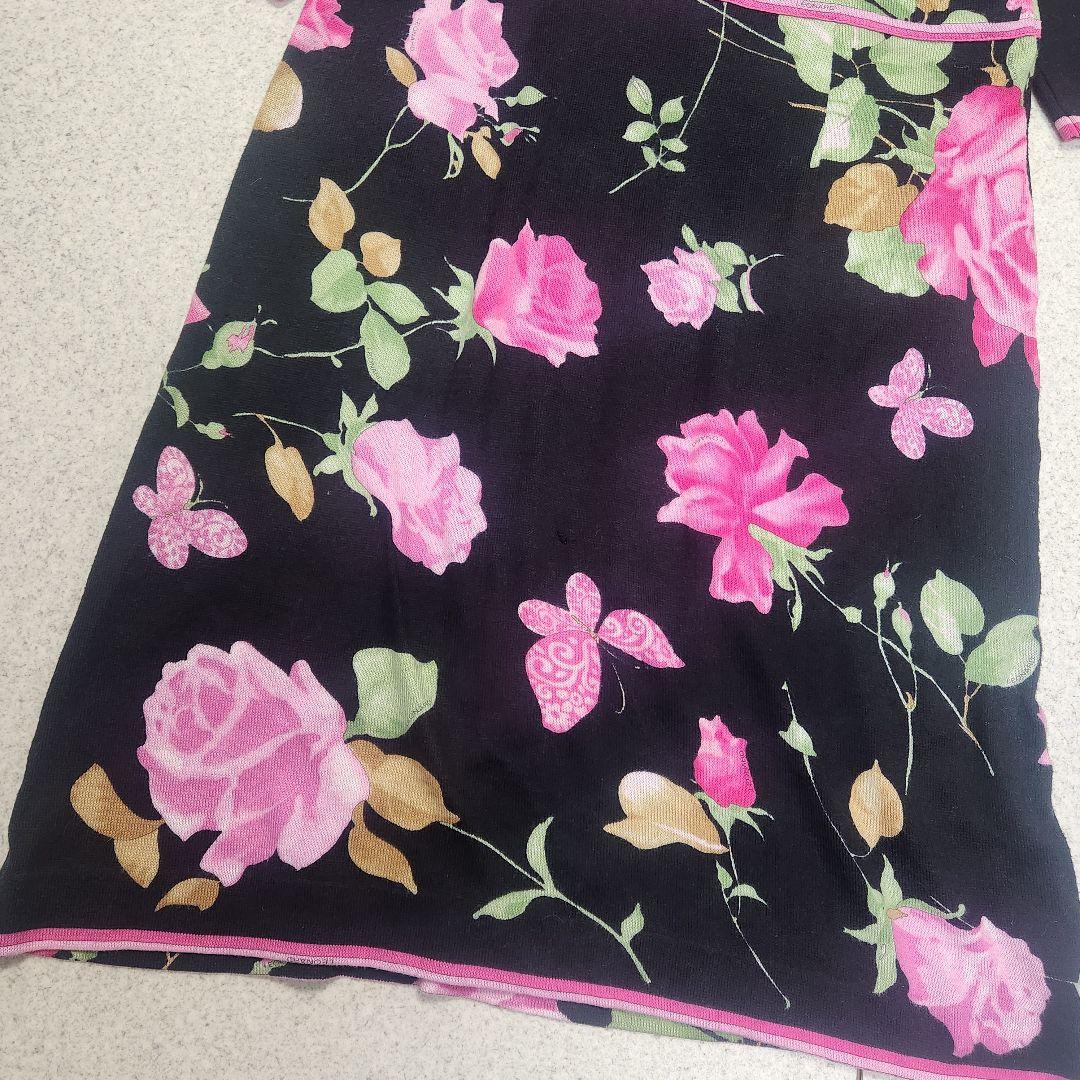 レオナール 半袖ワンピース ニット 花柄 コットン 薔薇 M