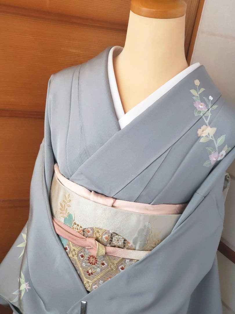 【着物・帯セット＊】清楚な小付けの訪問着　水色　グレー　スモールサイズ　正絹