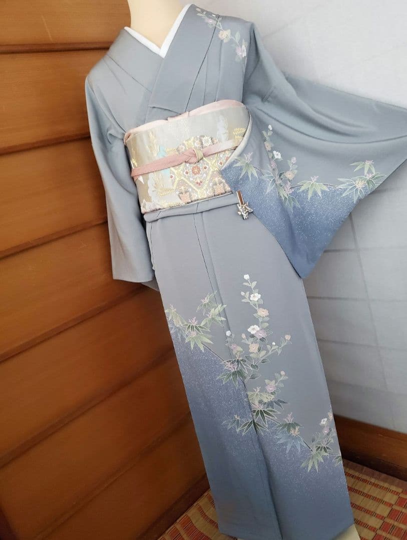 【着物・帯セット＊】清楚な小付けの訪問着　水色　グレー　スモールサイズ　正絹