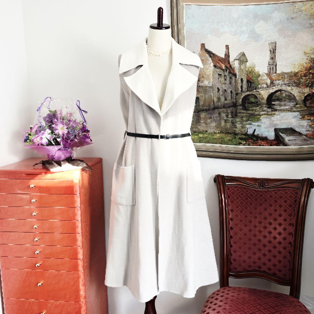 美品　foxyフォクシー　ダブルフェイス ウール　ロング　ジレ　ベルト　グレー