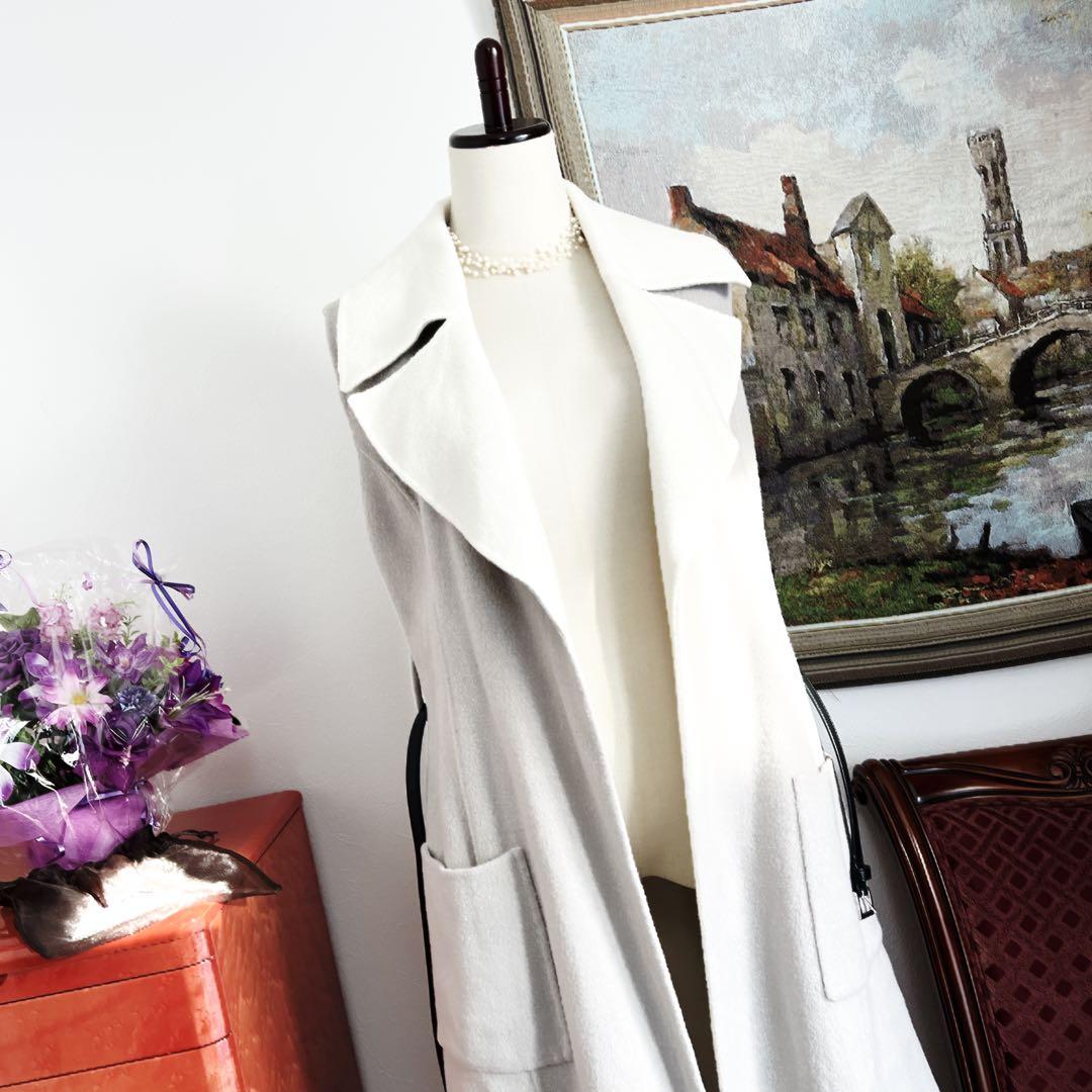 美品　foxyフォクシー　ダブルフェイス ウール　ロング　ジレ　ベルト　グレー