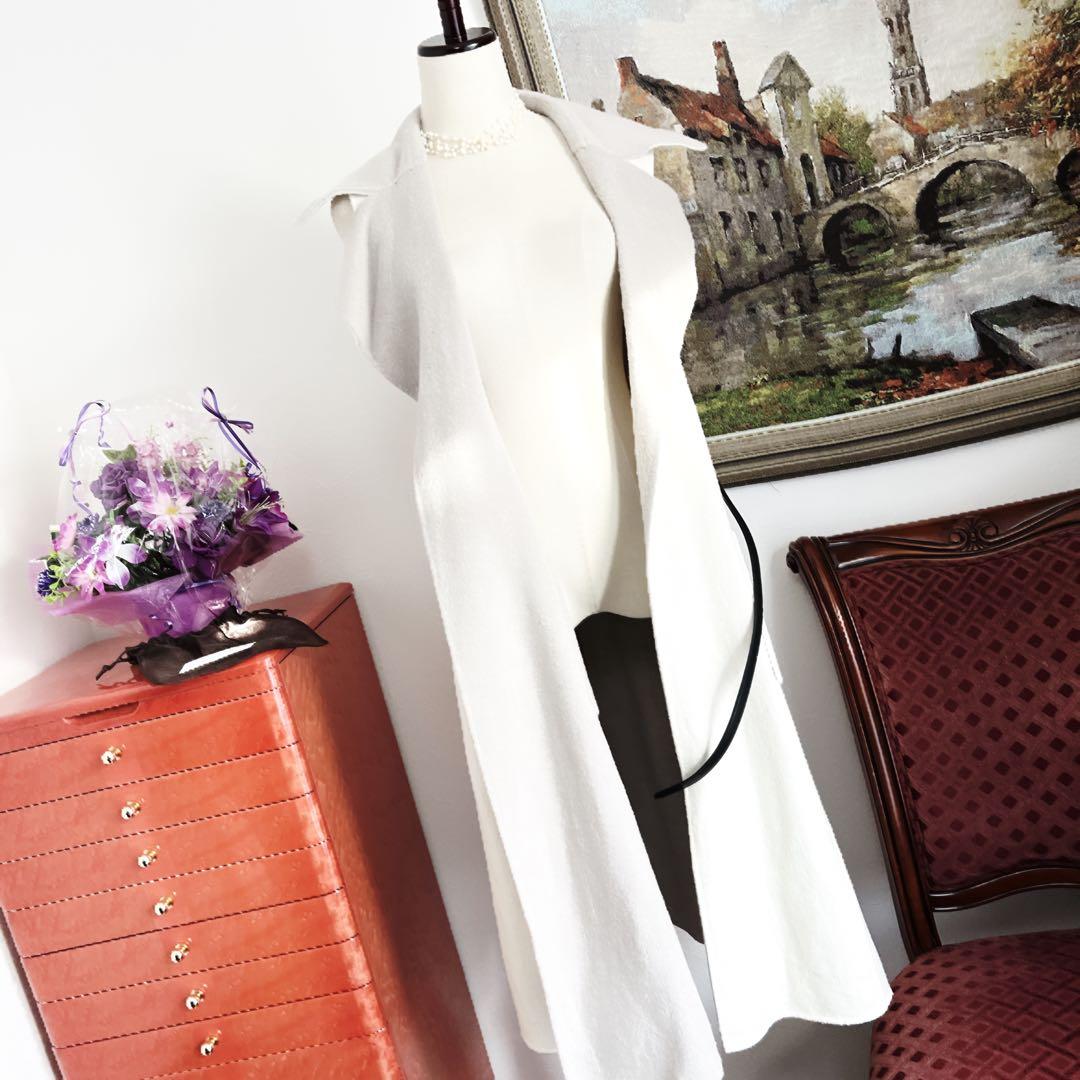 美品　foxyフォクシー　ダブルフェイス ウール　ロング　ジレ　ベルト　グレー