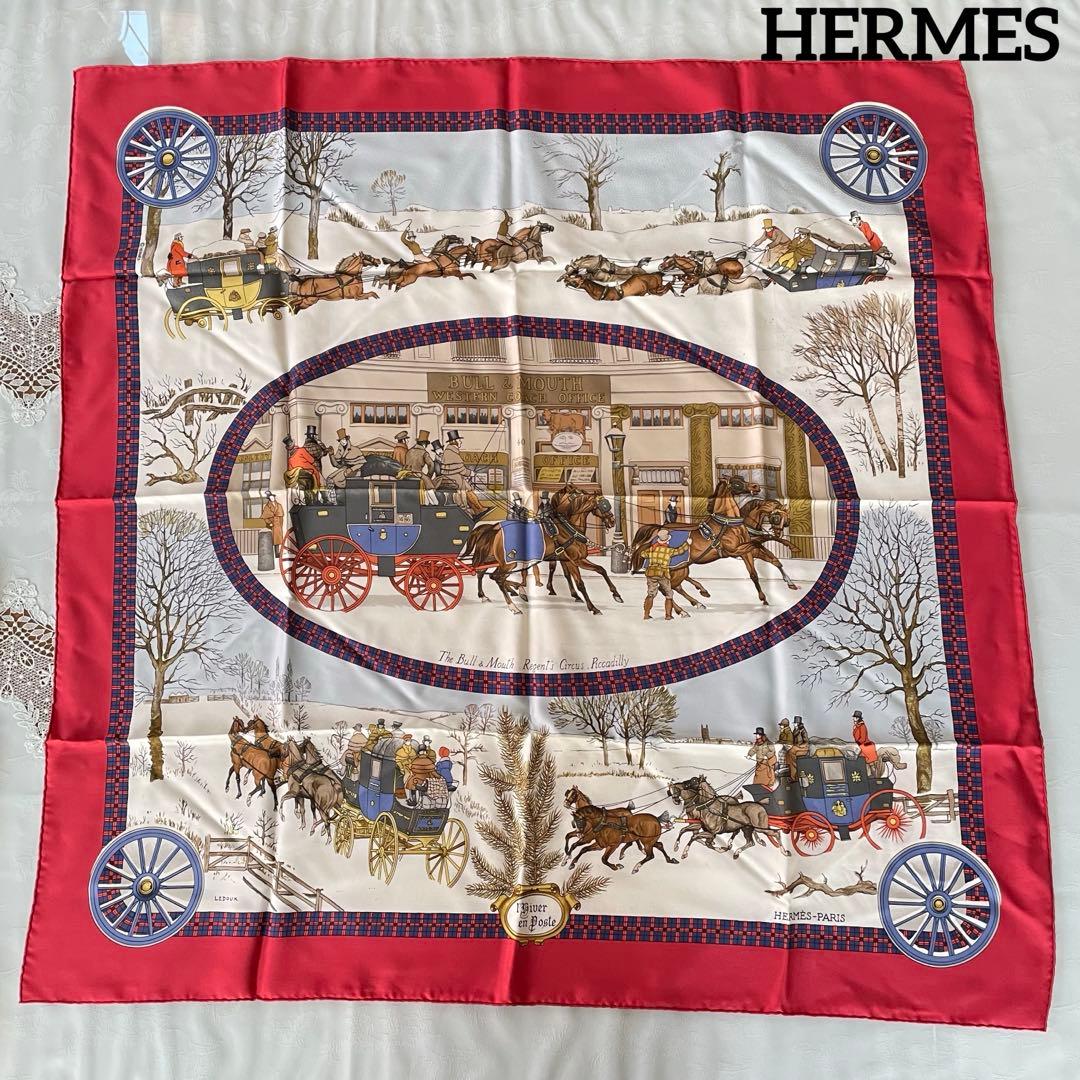 HERMES シルクハンカチ 馬車と雪景色