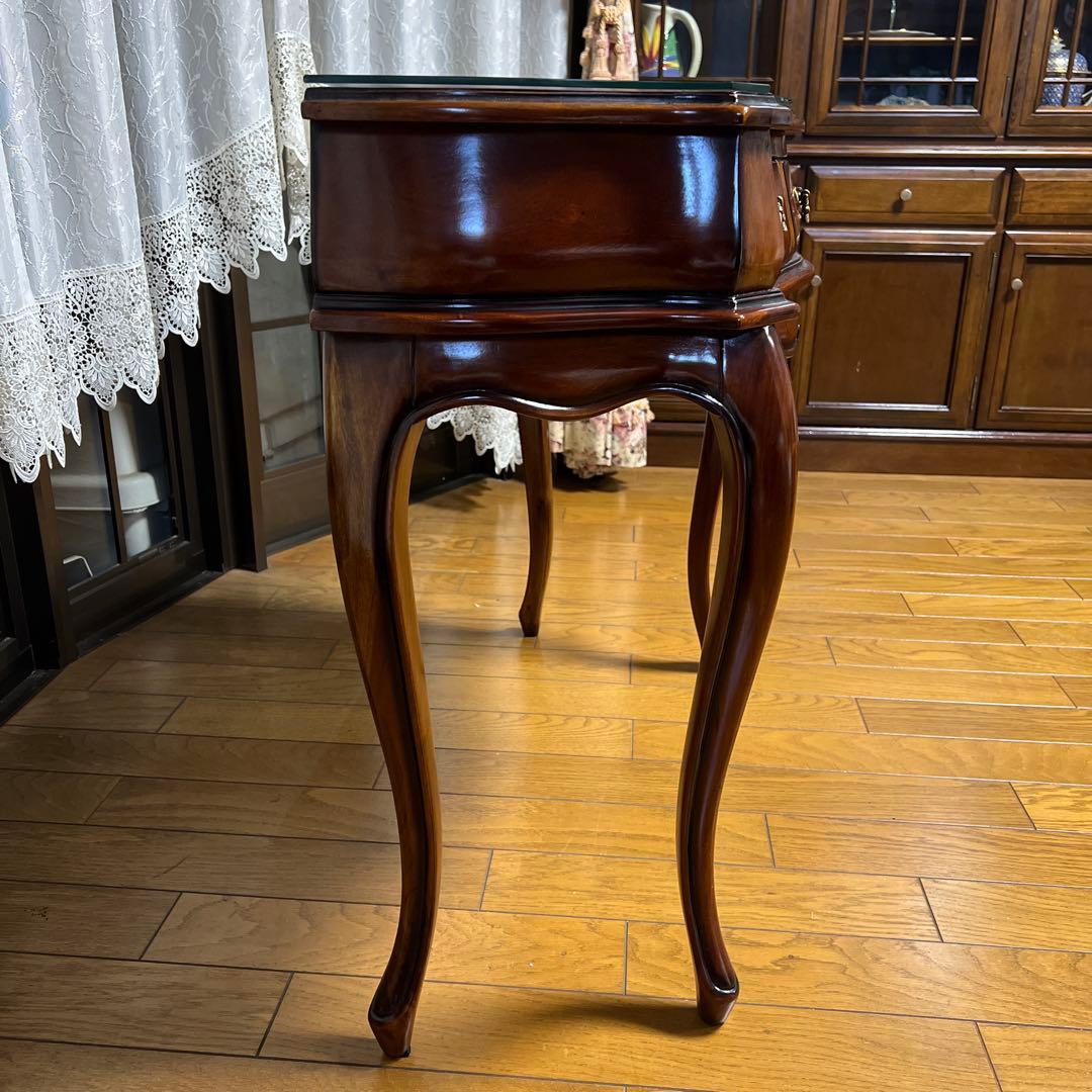 クラシック木製サイドテーブル 引き出し付き 猫脚 ガラストップ