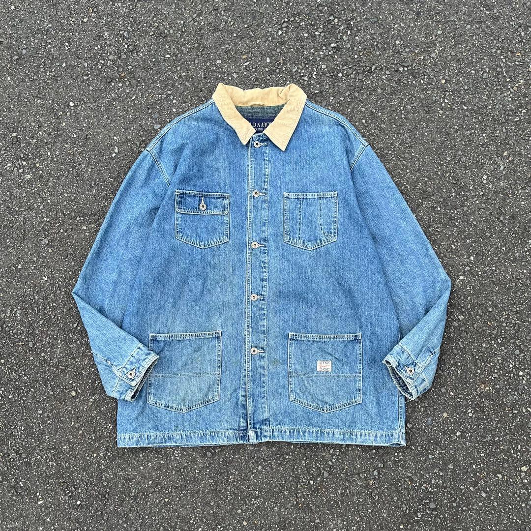 90s OLD NAVY デニムカバーオール 裏地ネル 襟コーデュロイ XL