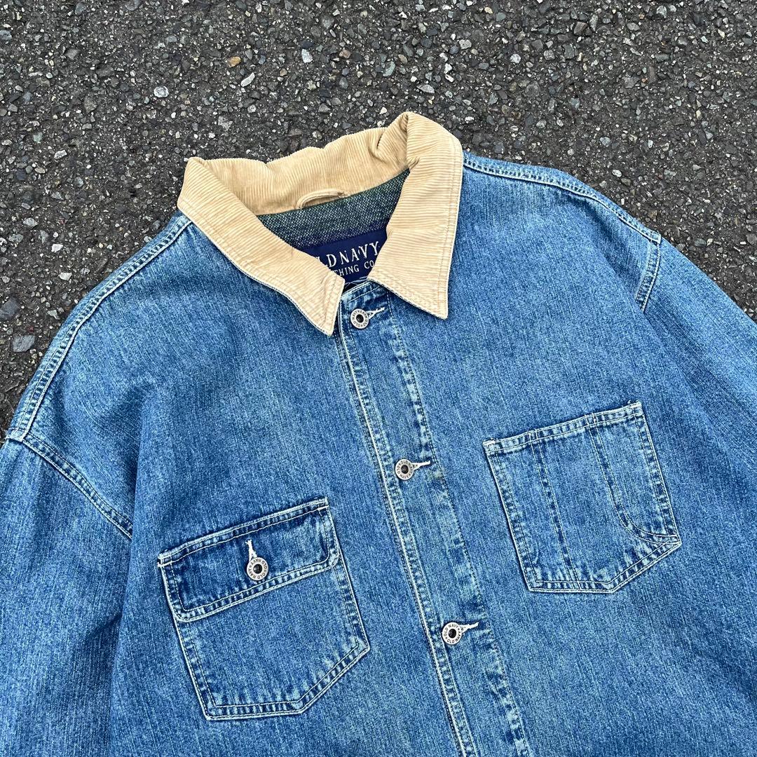 90s OLD NAVY デニムカバーオール 裏地ネル 襟コーデュロイ XL