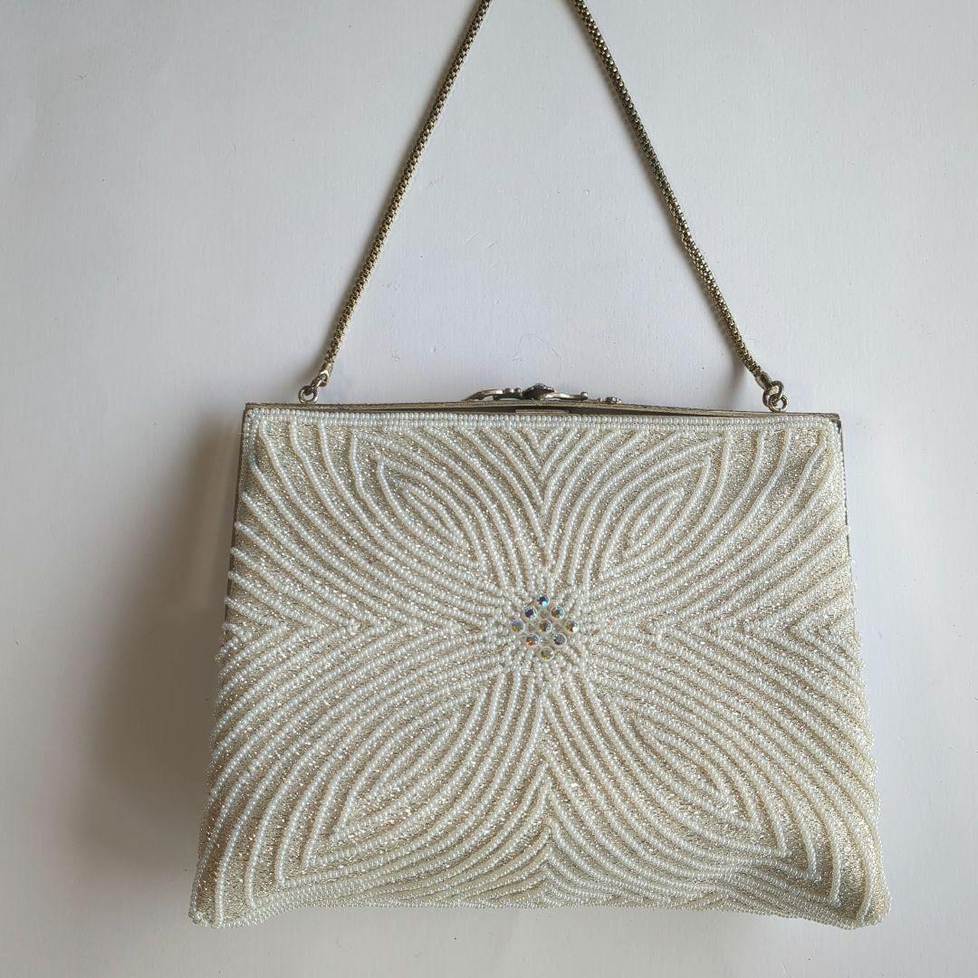 貴重可愛い✨昭和レトロなレアなビーズバッグ　はしもと　白　和小物　洋　夏コーデ