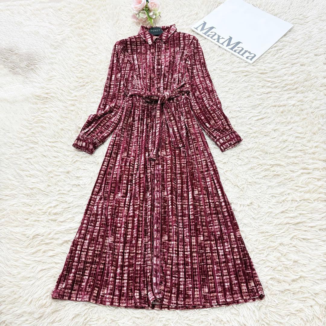 未使用品✨Max&Co ベルベットシャツワンピース　リボンベルト　総柄　M 赤