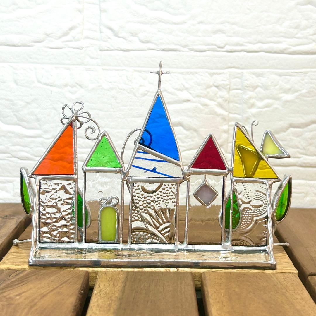 ステンドグラス(ハンドメイド) 6点おまとめ 色鉛筆、ハウス、パネル、一輪挿し