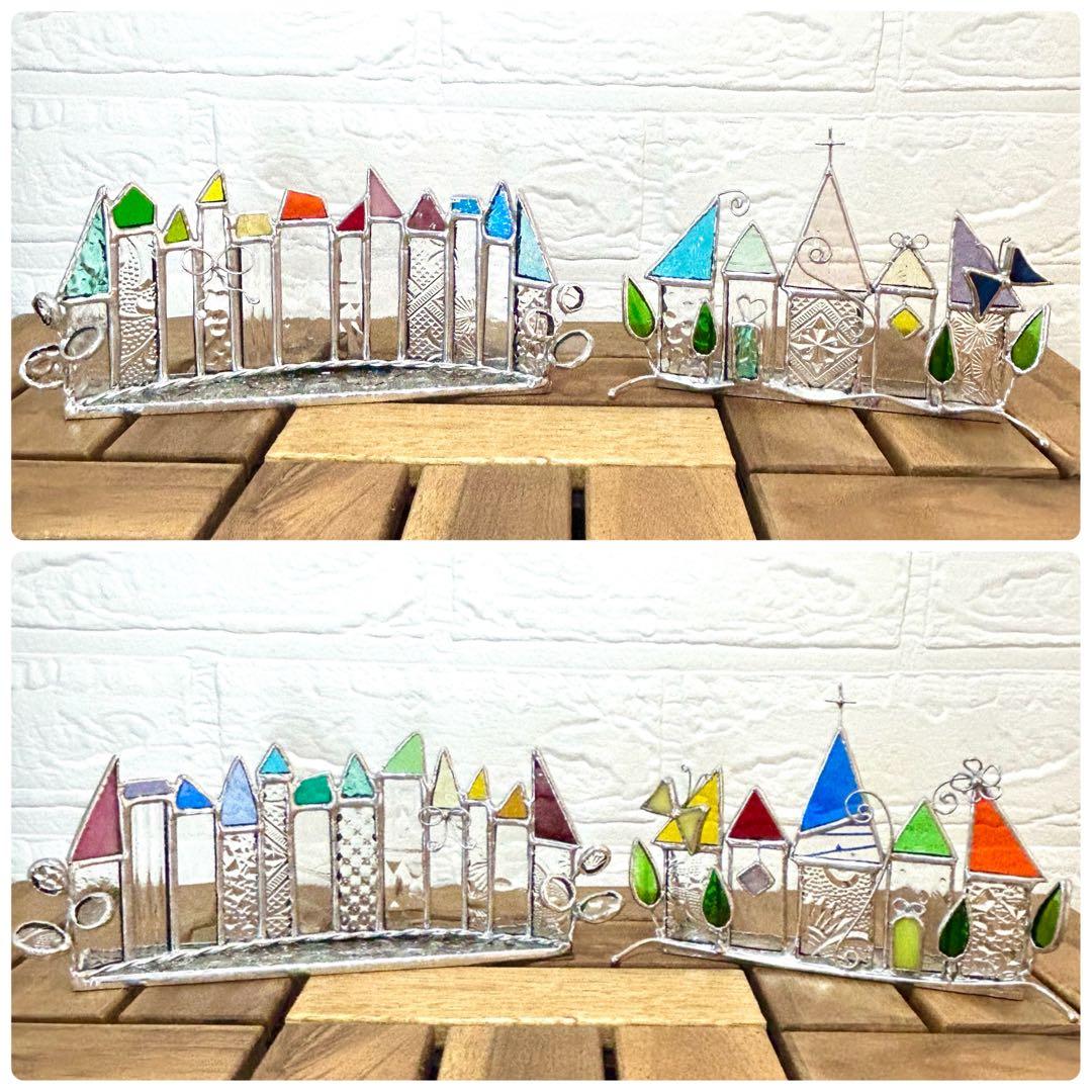 ステンドグラス(ハンドメイド) 6点おまとめ 色鉛筆、ハウス、パネル、一輪挿し