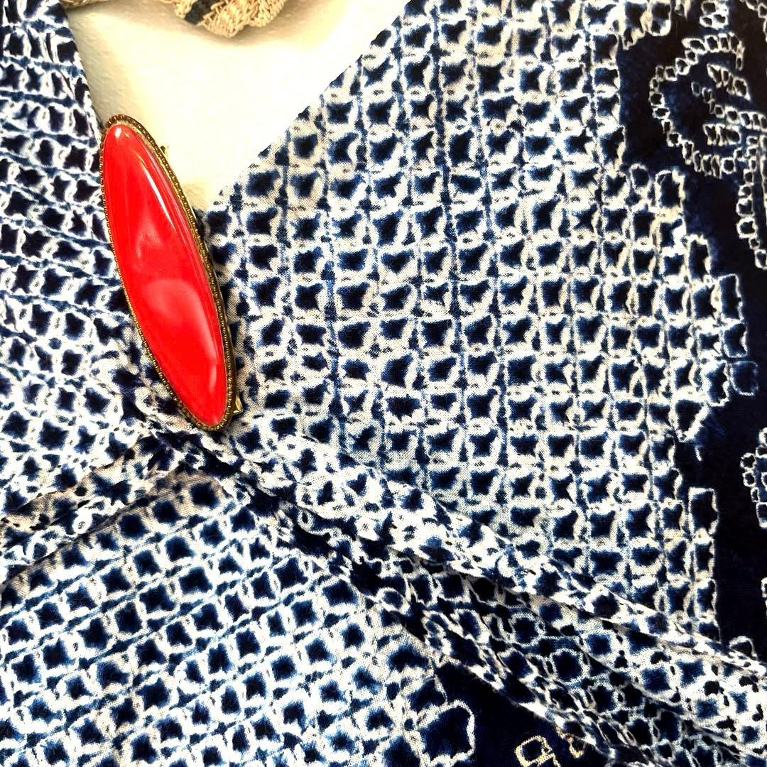 有松鳴海絞り 枝花紋様 よろけ縞 藍色×白×ベージュ Sサイズ 美品