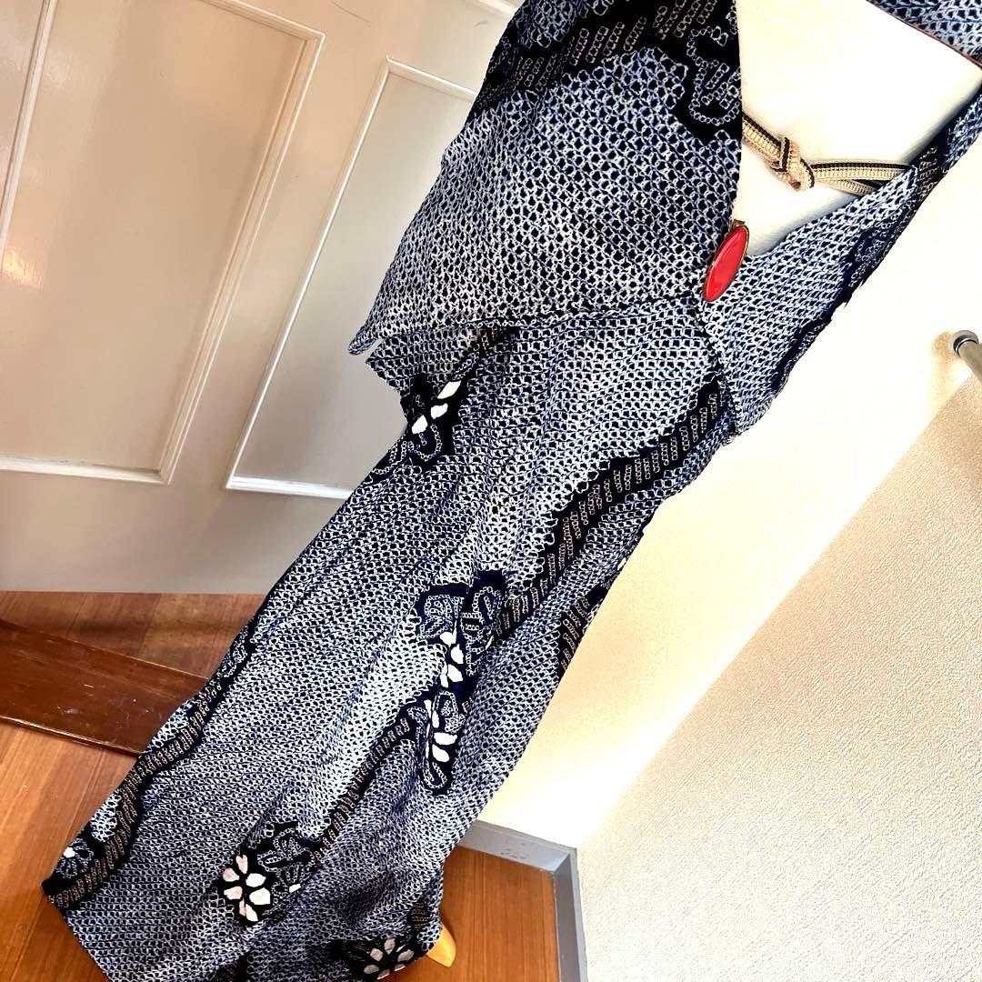 有松鳴海絞り 枝花紋様 よろけ縞 藍色×白×ベージュ Sサイズ 美品