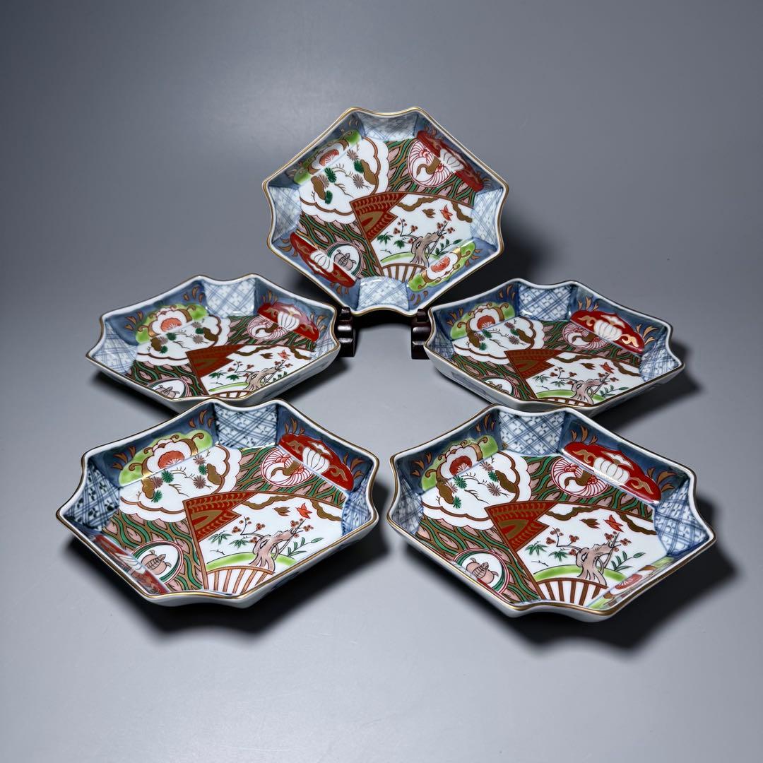 古伊万里風　冨貴長春　色絵鶴亀松竹梅文変形皿　五客　料理屋　古器を楽しむ