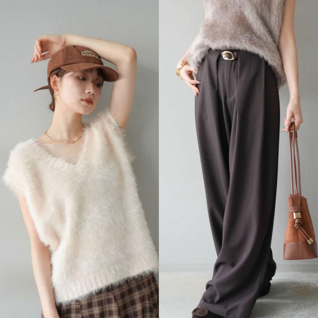 Lumier ラメシャギーVネックニットベスト+ベルトループデザインワイドパンツ