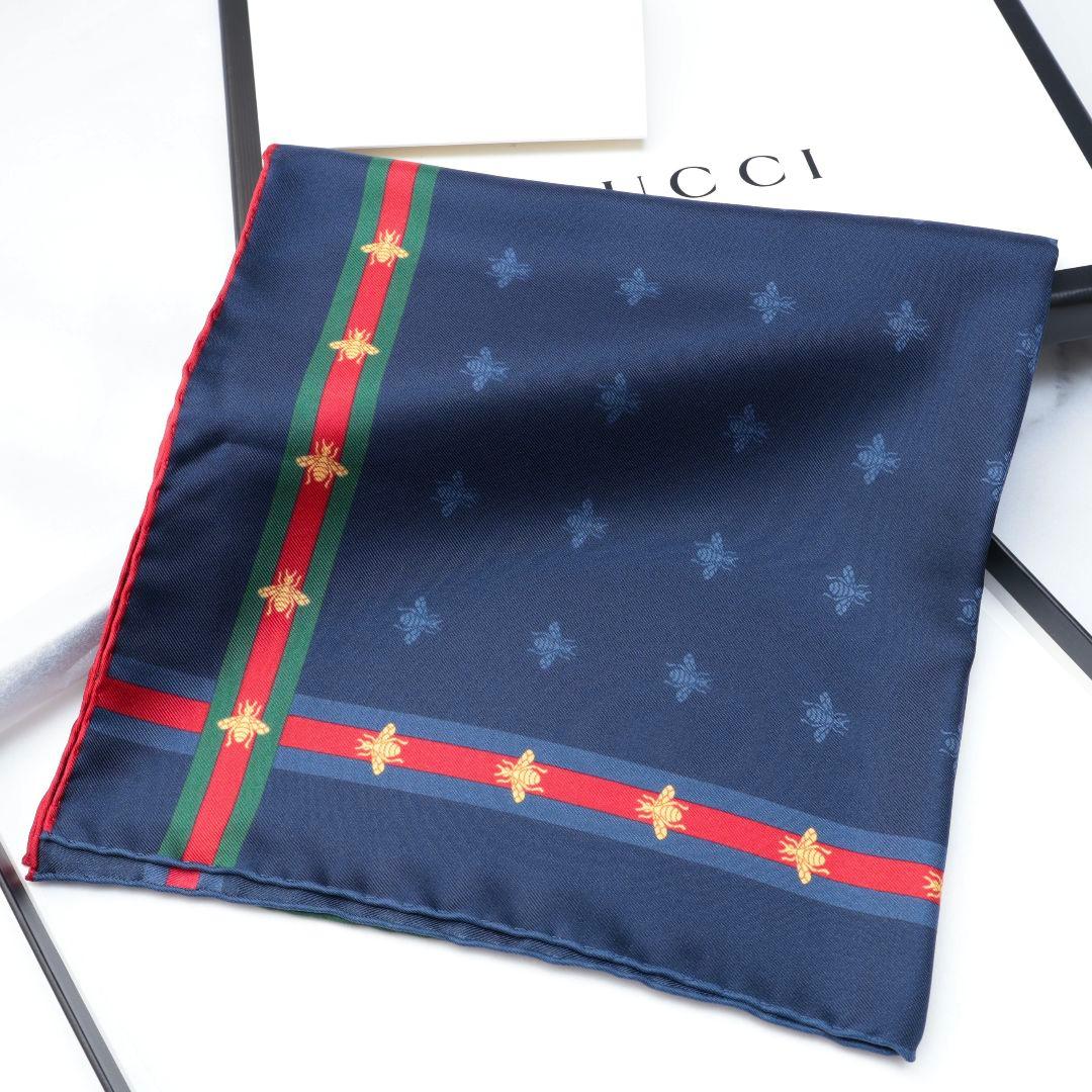 未使用 グッチ GUCCI ネイビー シルク ハンカチ ポケットチーフ