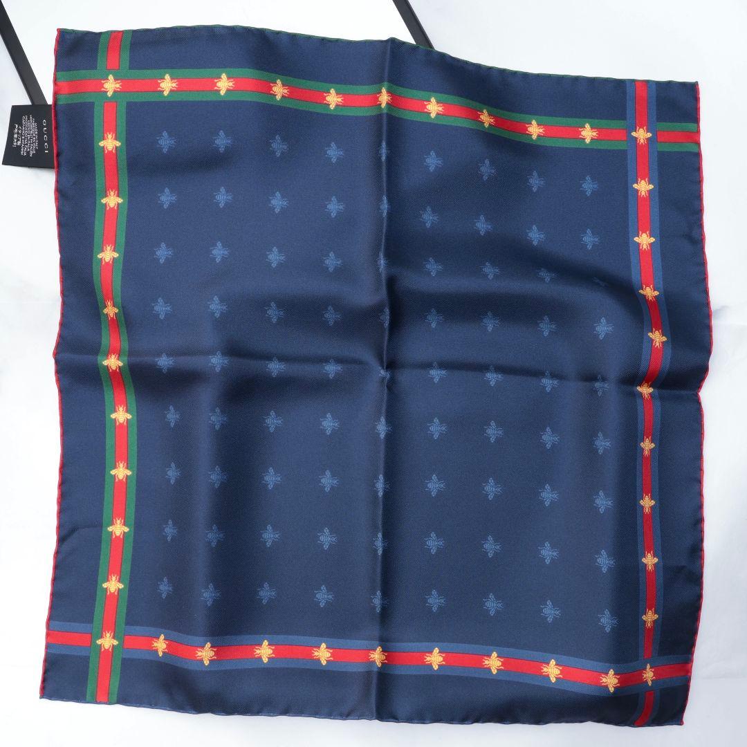 未使用 グッチ GUCCI ネイビー シルク ハンカチ ポケットチーフ