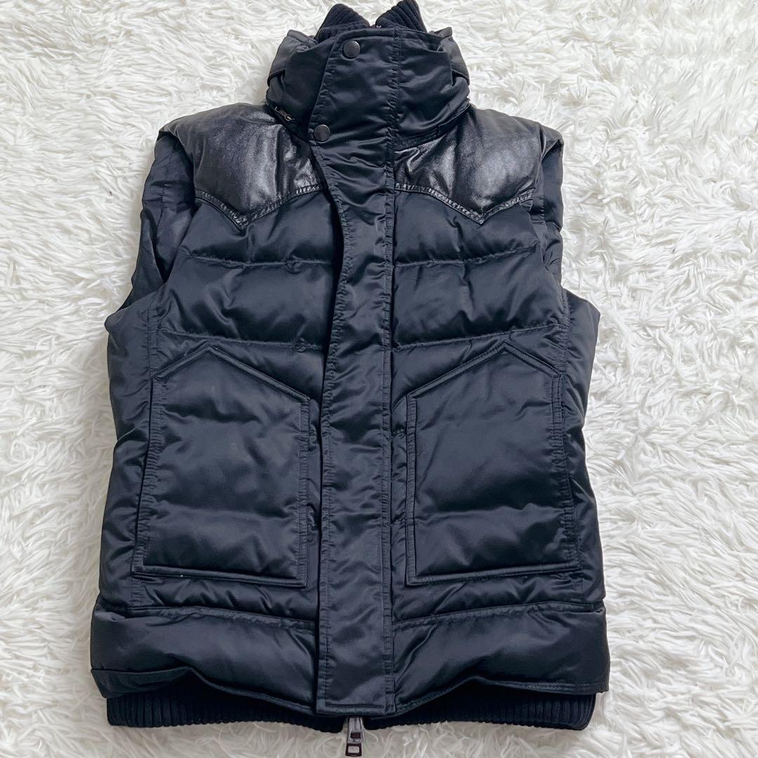 AKM ダウンベスト Y2K レザー切替 ギラつき 黒 カシミヤ混　アーカイブ