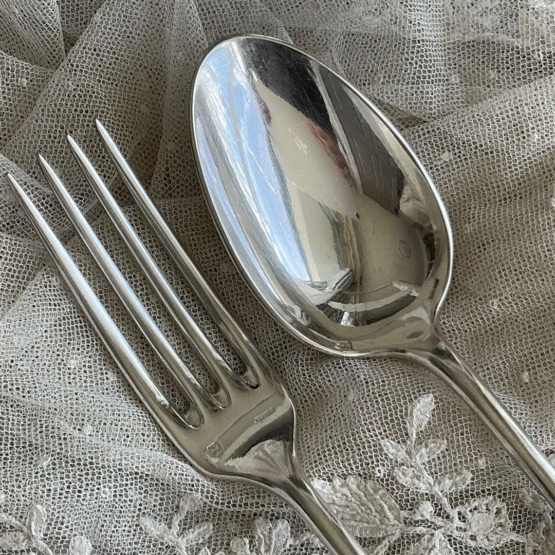 【D-１】フランスアンティーク　すずらん　スプーン＆フォーク　1組　モノグラム