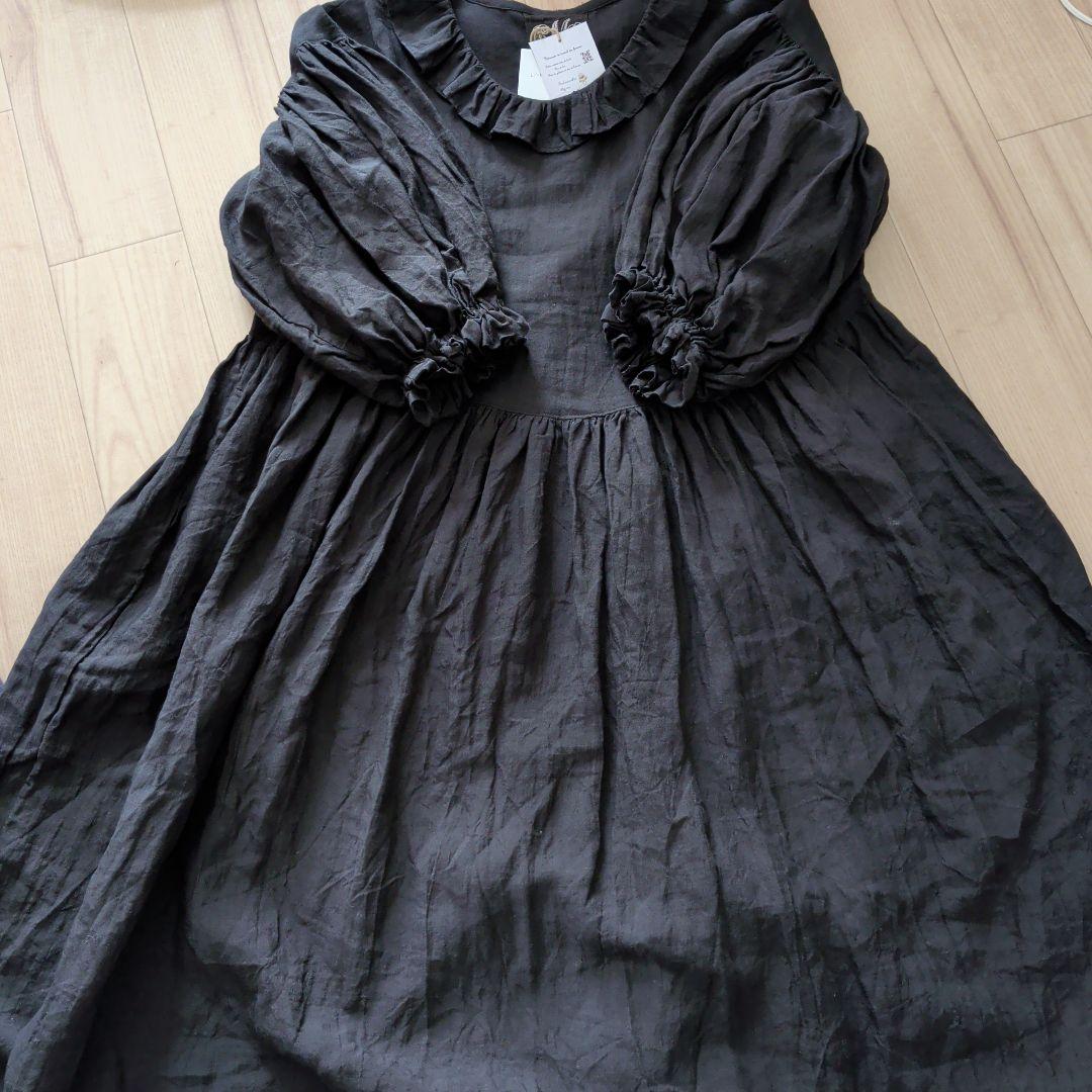 ハンドメイド作家さま☆リネン ドロップショルダーボリュームpuffワンピース