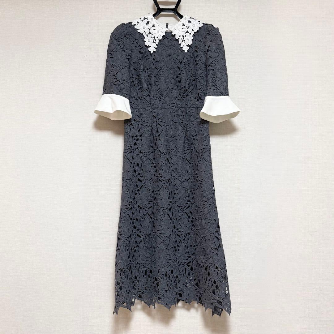 【Leja】花柄レースカラースパンコールAラインワンピースドレス（青/Sサイズ）