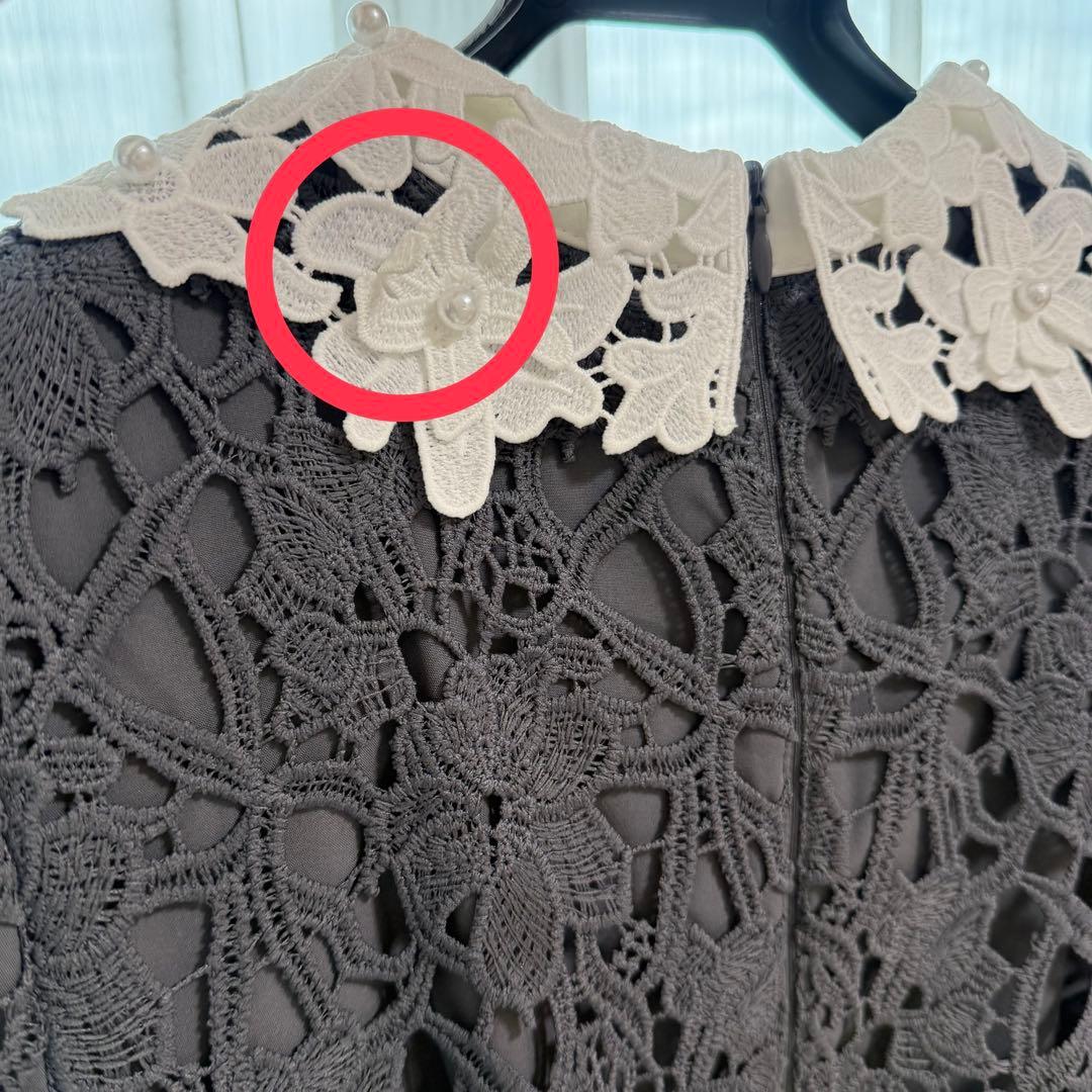 【Leja】花柄レースカラースパンコールAラインワンピースドレス（青/Sサイズ）