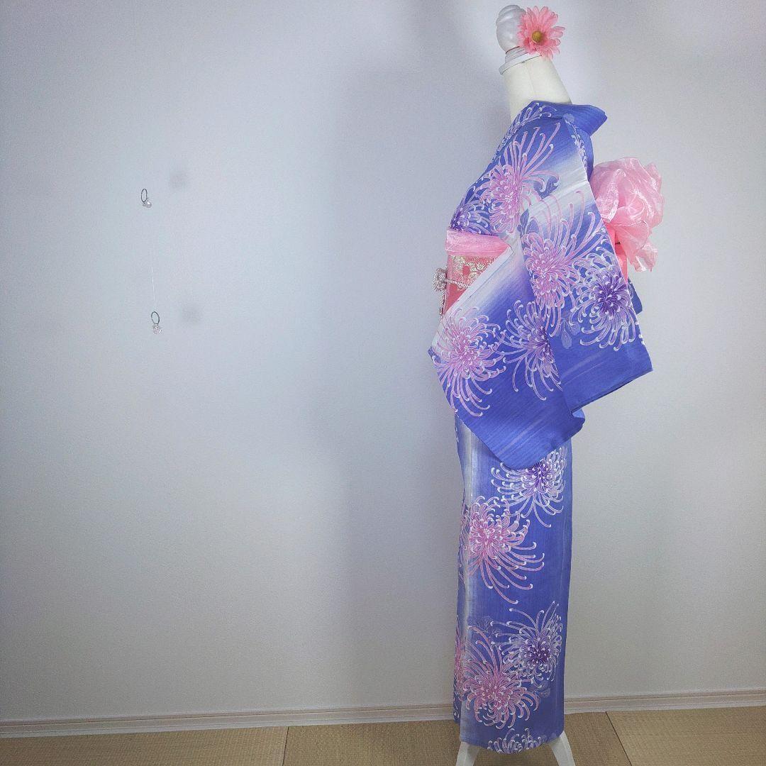 レディース　浴衣　セット　身丈155cm　紫　花柄　作り帯　ピンク　ラメ