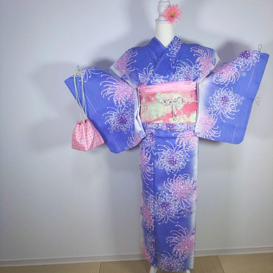 レディース　浴衣　セット　身丈155cm　紫　花柄　作り帯　ピンク　ラメ