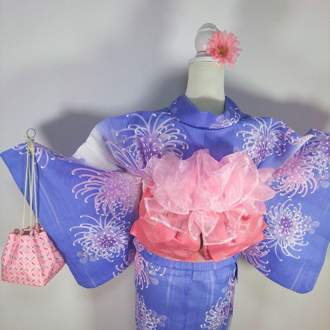 レディース　浴衣　セット　身丈155cm　紫　花柄　作り帯　ピンク　ラメ