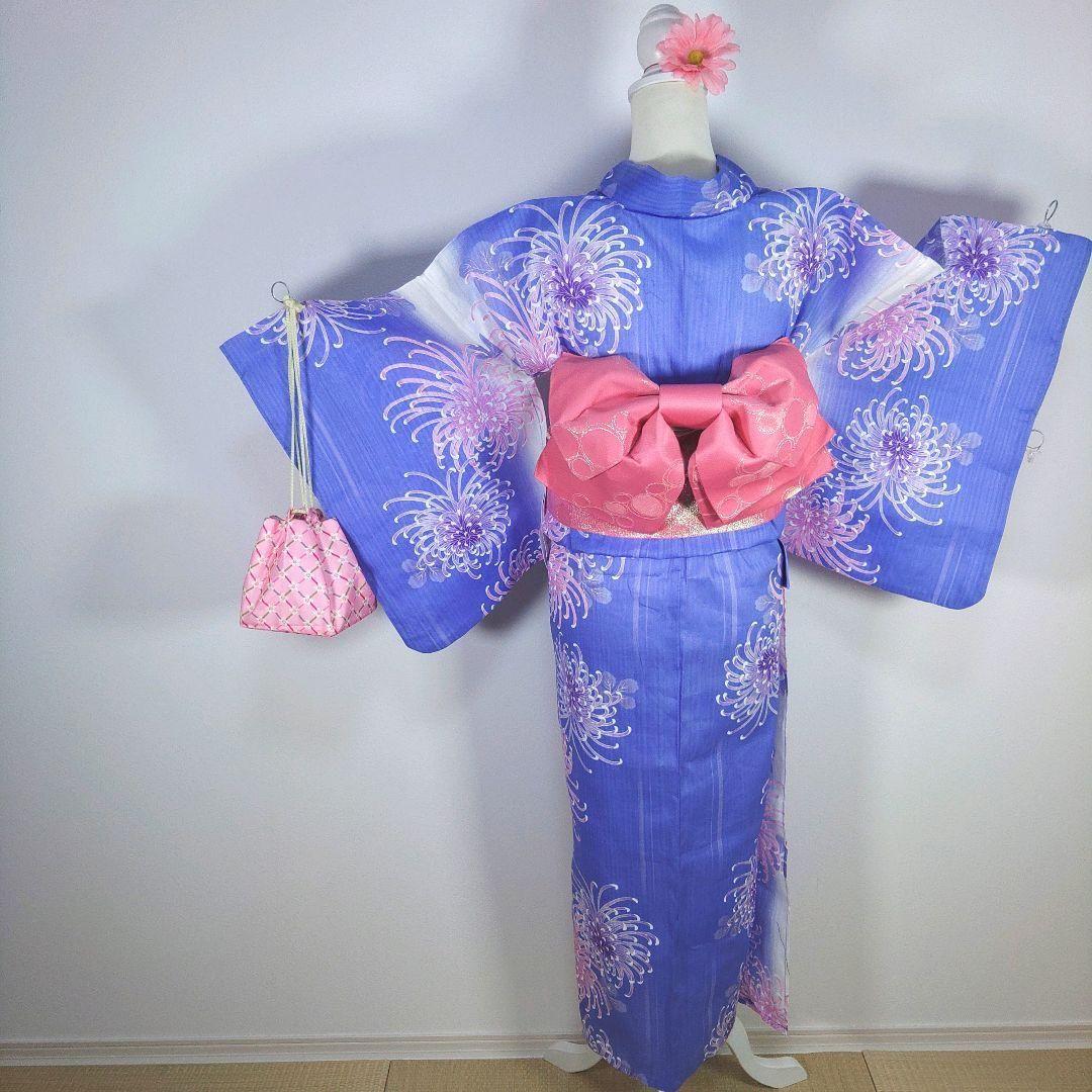 レディース　浴衣　セット　身丈155cm　紫　花柄　作り帯　ピンク　ラメ