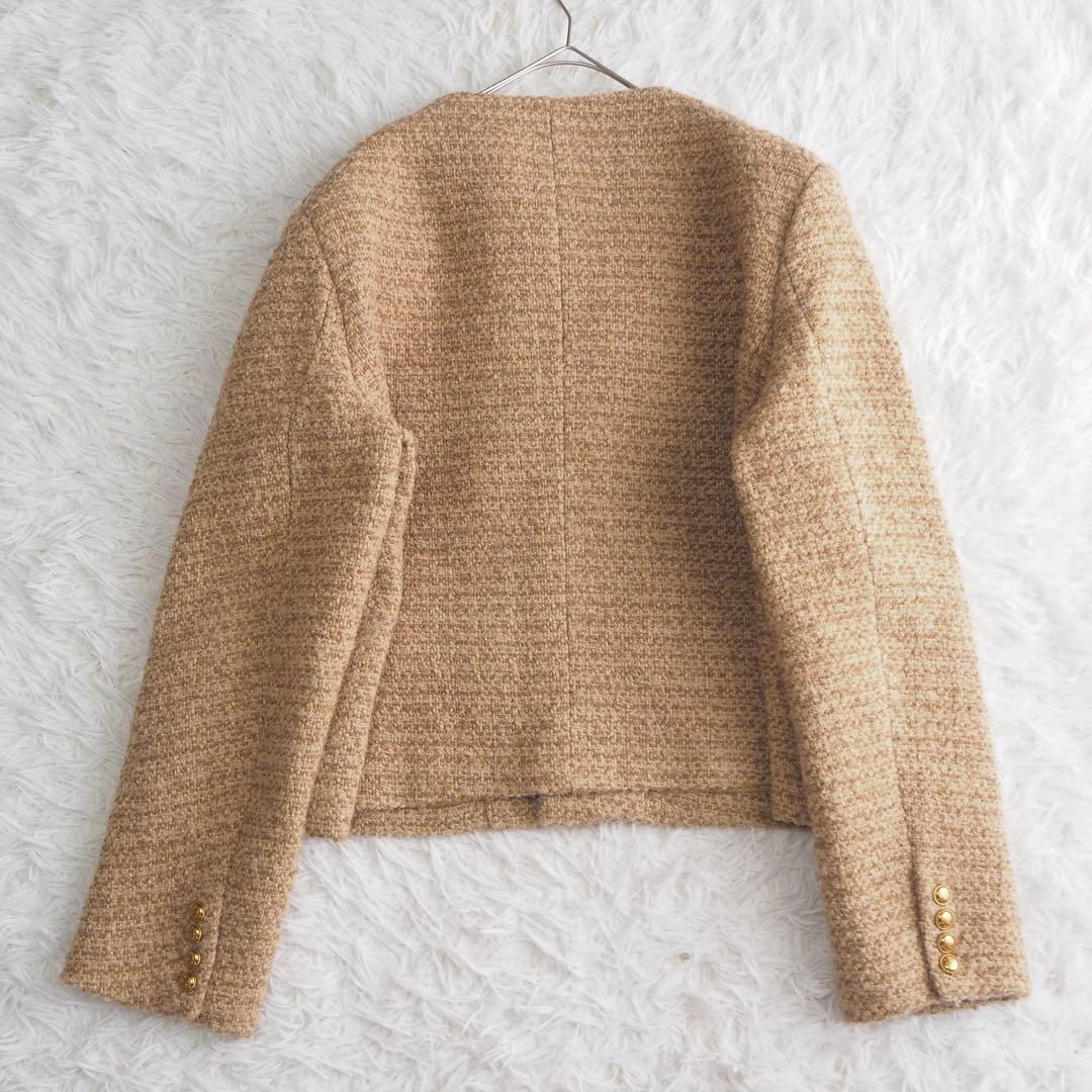 美品 ナノスタジオ ノーカラー ツイード ジャケット 金ボタン ベージュ