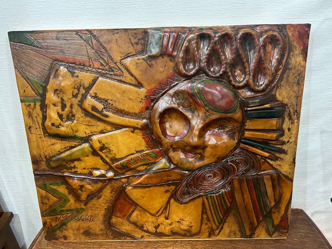 ヴィンテージ 革のレリーフアート M.Ohara サイン入り 壁掛けアート