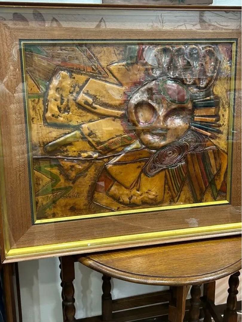 ヴィンテージ 革のレリーフアート M.Ohara サイン入り 壁掛けアート