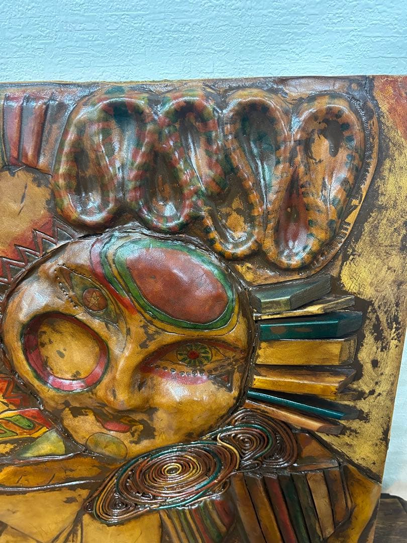 ヴィンテージ 革のレリーフアート M.Ohara サイン入り 壁掛けアート