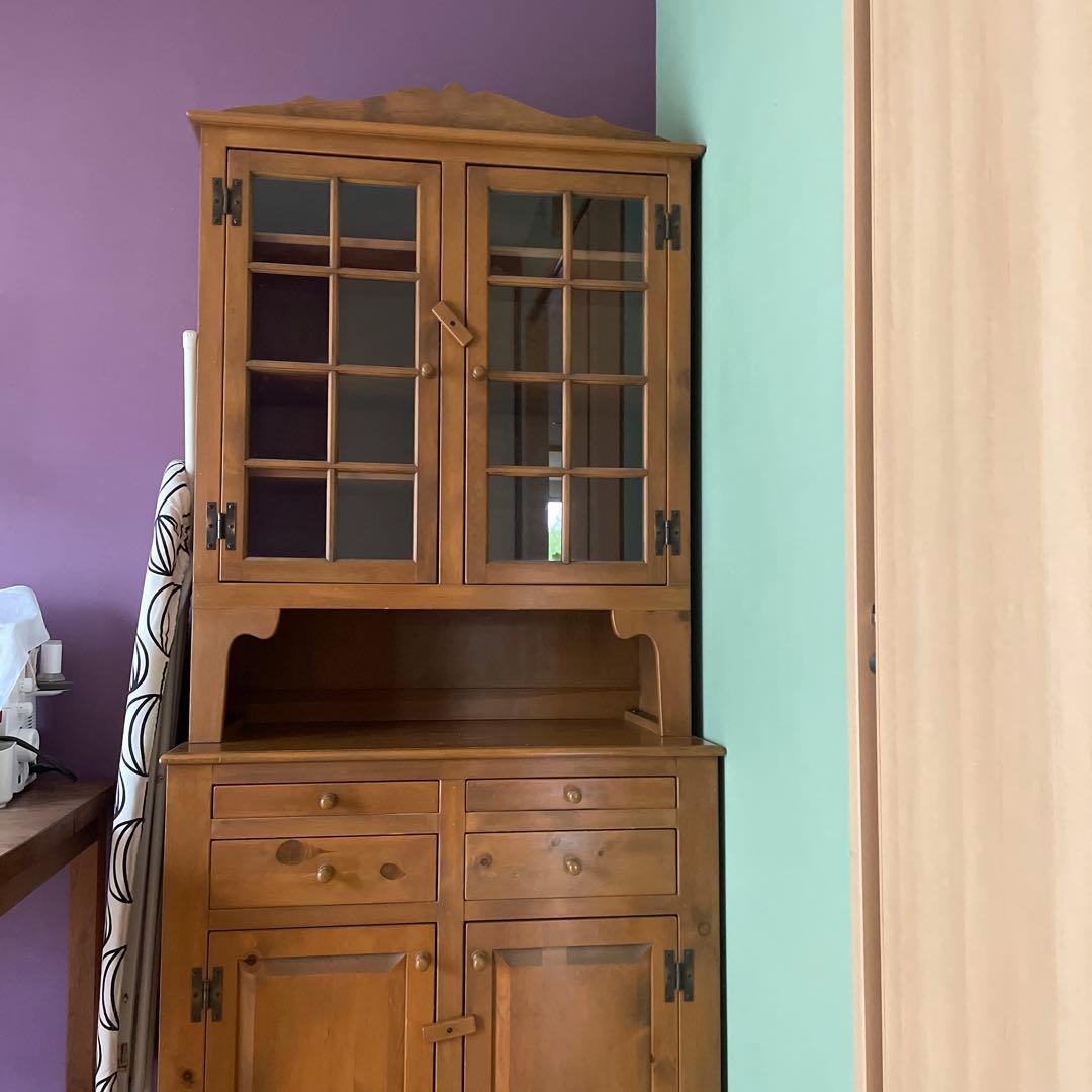 アンファン　食器棚 木製ガラス扉付きキャビネット