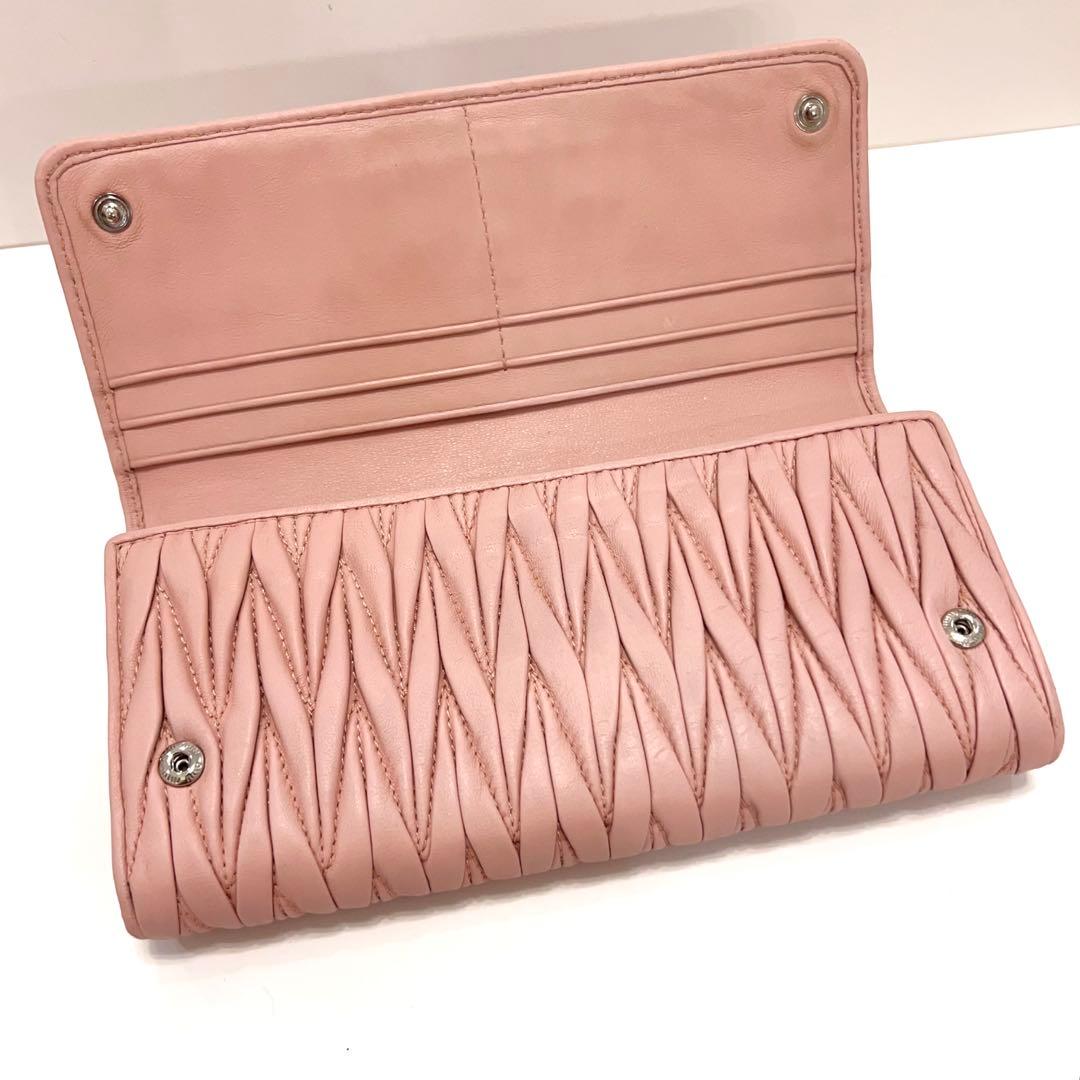 ミュウミュウ 長財布 マテラッセ ビジュー クリスタル ピンク レザー 大容量