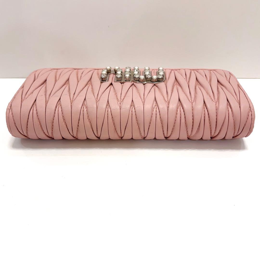 ミュウミュウ 長財布 マテラッセ ビジュー クリスタル ピンク レザー 大容量