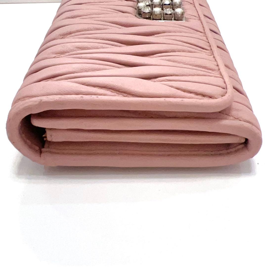 ミュウミュウ 長財布 マテラッセ ビジュー クリスタル ピンク レザー 大容量