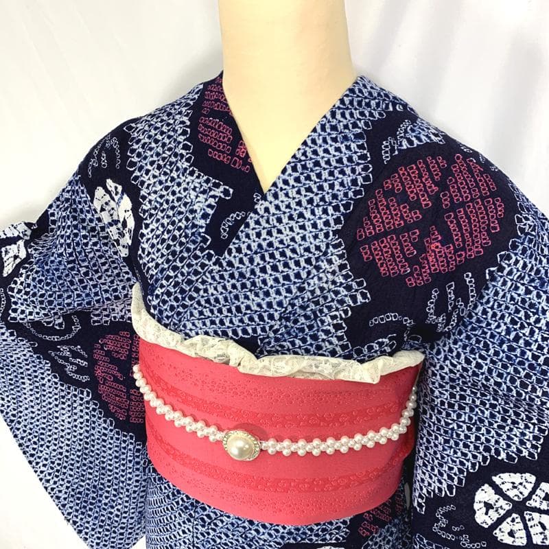 〇【最終値下げ】405mk74〇有松鳴海絞り 浴衣 蜘蛛絞り 朝顔〇しつけ付き