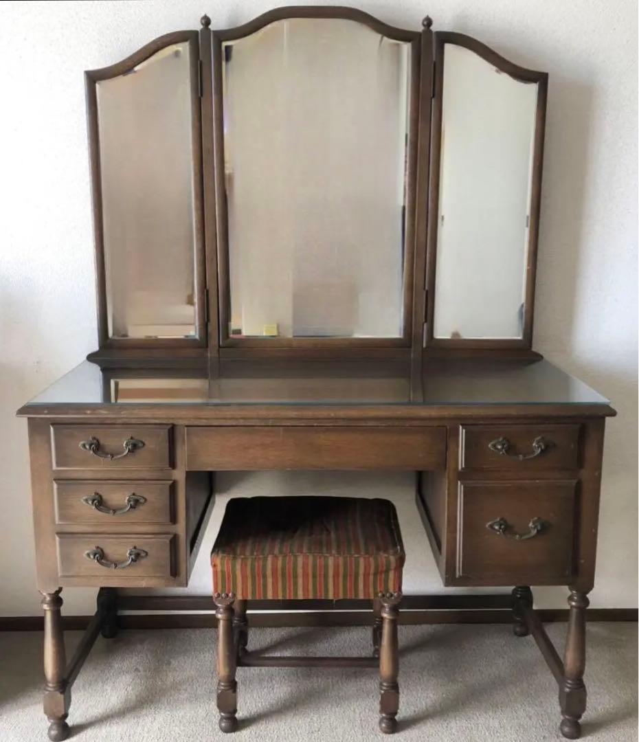 三面鏡 ドレッサー　鏡台　化粧台　ナラ材　天然木　ガラス天板　ヴィンテージ