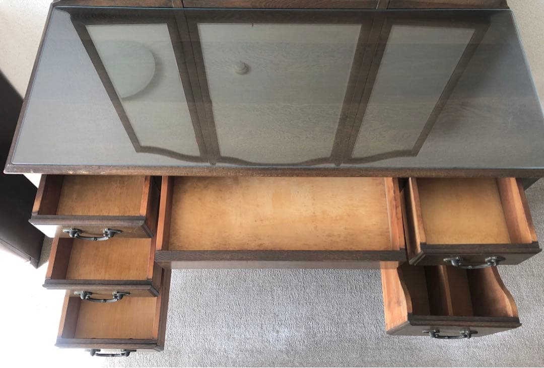 三面鏡 ドレッサー　鏡台　化粧台　ナラ材　天然木　ガラス天板　ヴィンテージ