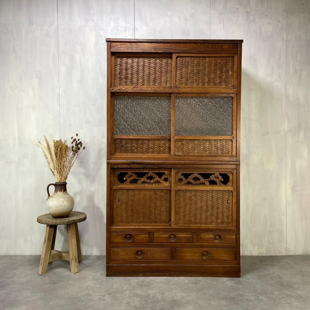 ヴィンテージ 昭和初期 ダイヤガラス 食器棚 水屋 収納 和家具 ビンテージ