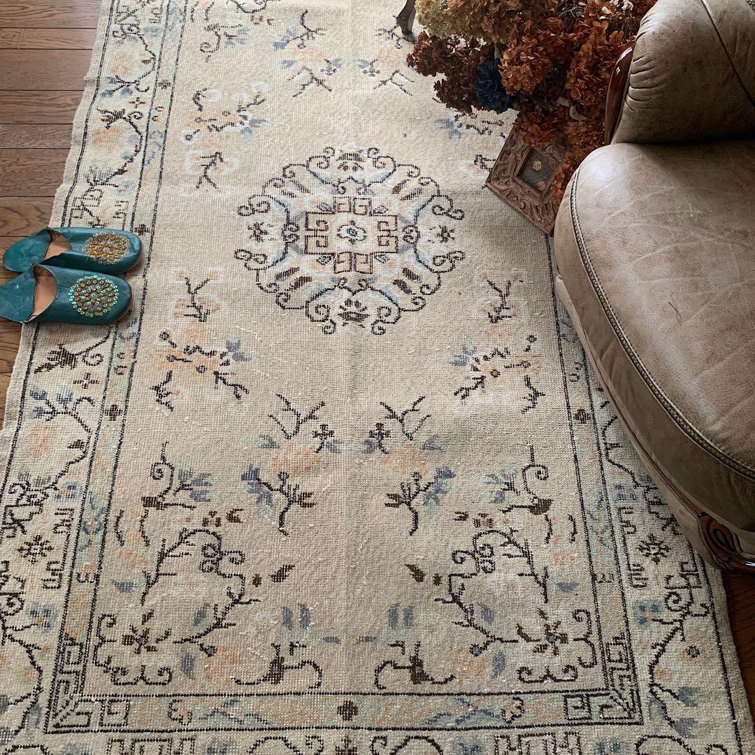 シノワズリ218×117 トルコヴィンテージラグ　ベージュ　オレンジ　トルコラグ