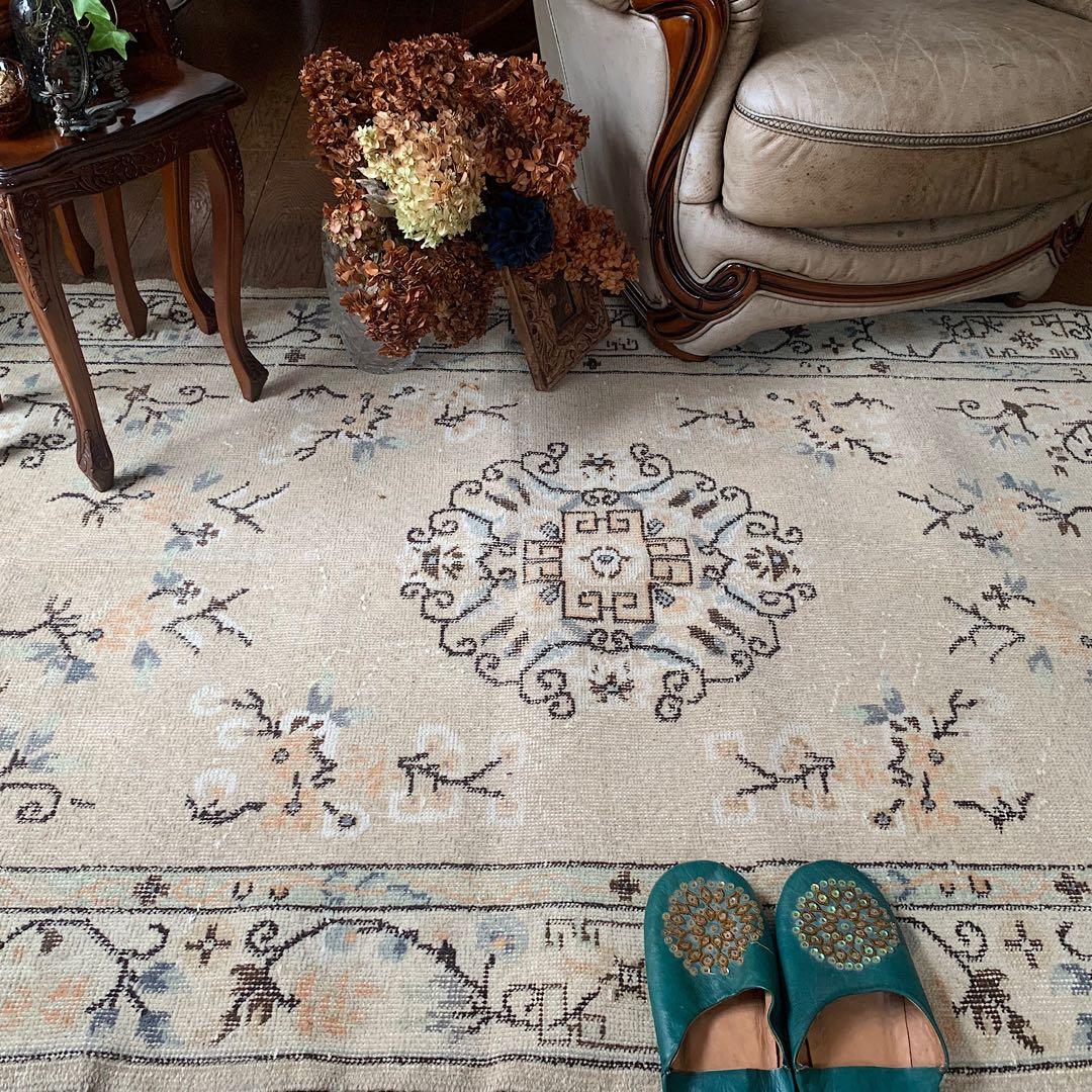 シノワズリ218×117 トルコヴィンテージラグ　ベージュ　オレンジ　トルコラグ