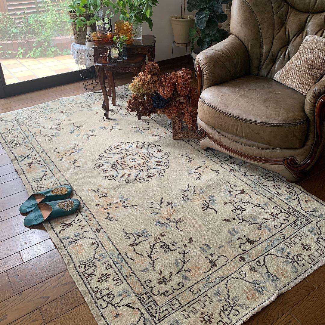 シノワズリ218×117 トルコヴィンテージラグ　ベージュ　オレンジ　トルコラグ