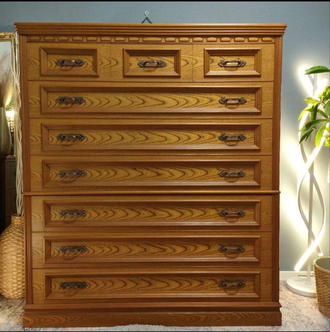 クラシックアンティーク高級ナラ材突板 洋服タンス 昭和レトロ 大容量チェスト