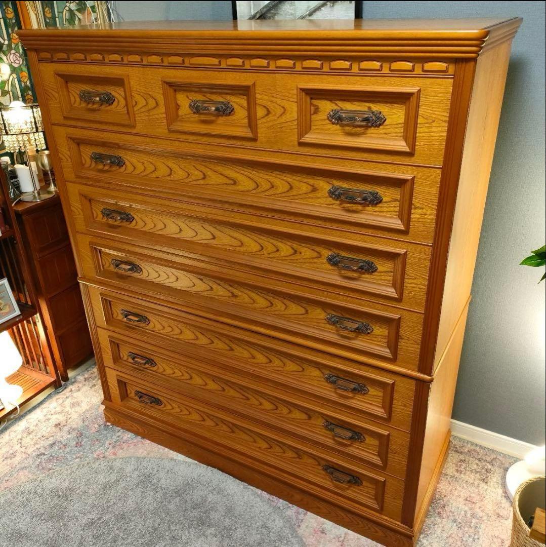 クラシックアンティーク高級ナラ材突板 洋服タンス 昭和レトロ 大容量チェスト